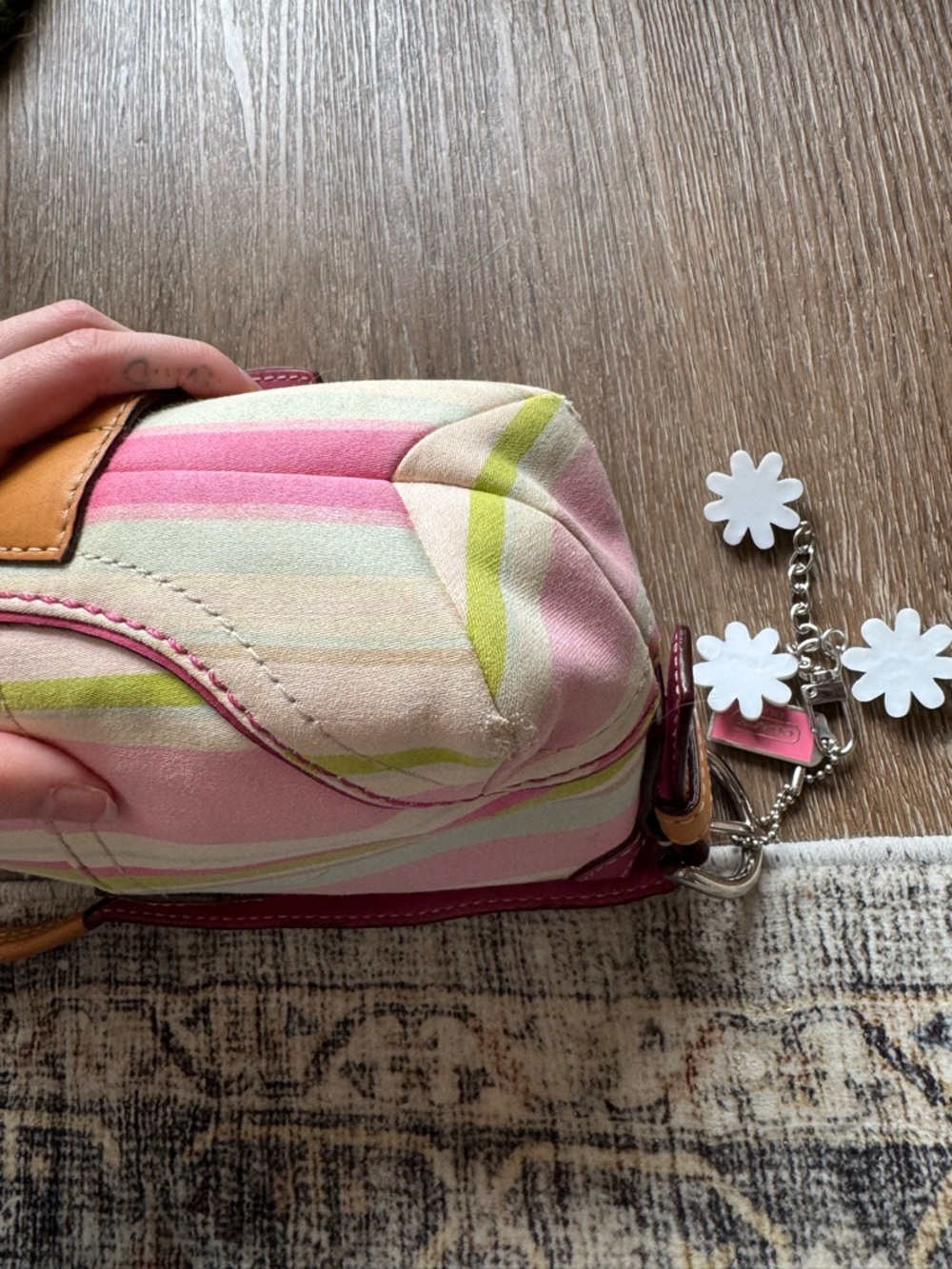 Vintage Coach Striped Pastel Shoulder Bag with Pink Trim and Tan Buckle - Picture 14 of 17